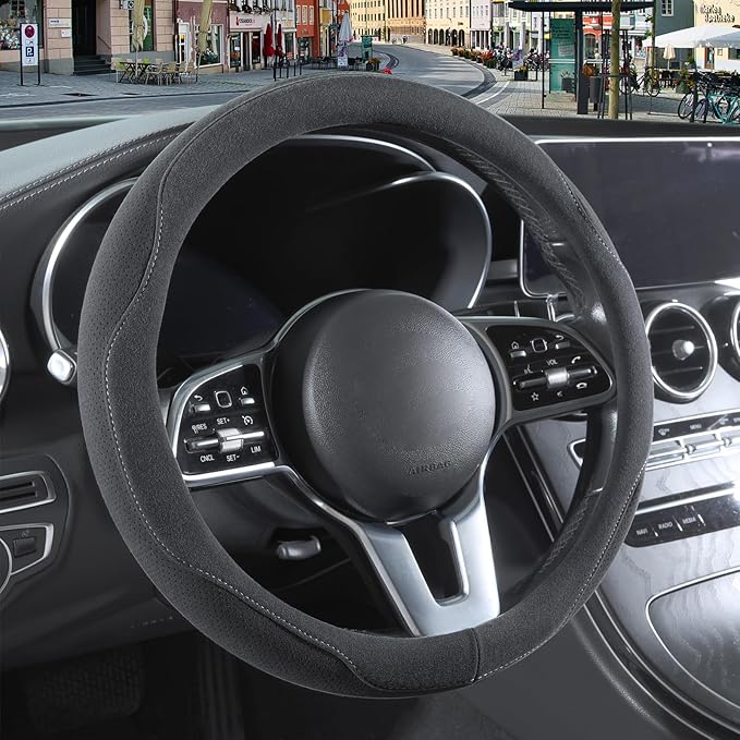 14 inch Gray Suede Steering Wheel Cover, Breathable Non-Slip Sweat-Proof Wear-Resistant No Pilling, Warm in Winter and Cool in Summer