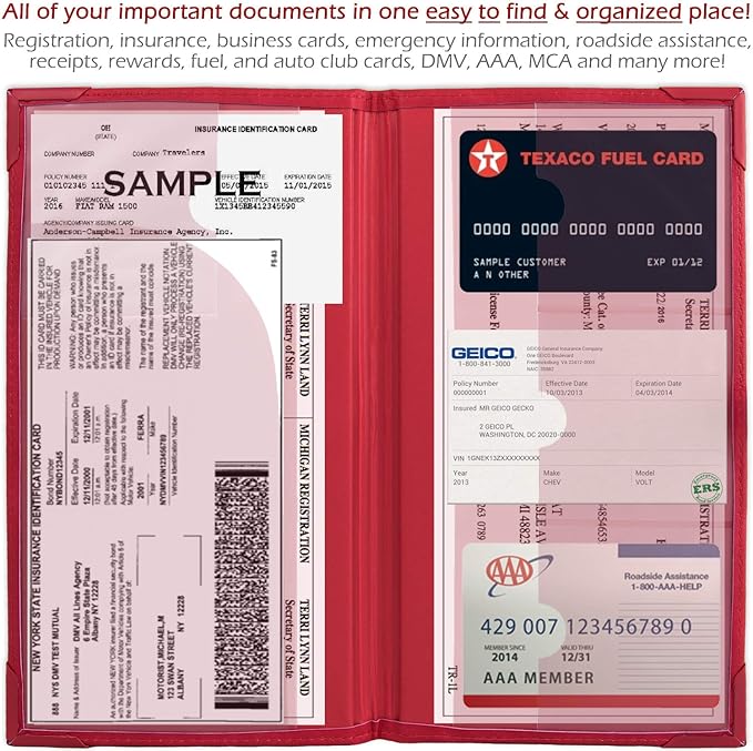 Auto Insurance and Registration Card Holder - Vehicle Glove Box Document Organizer - Car Essential Paperwork Holder for DMV, AAA, Contact Information Cards - Premium PU Leather Wallet Case - Red