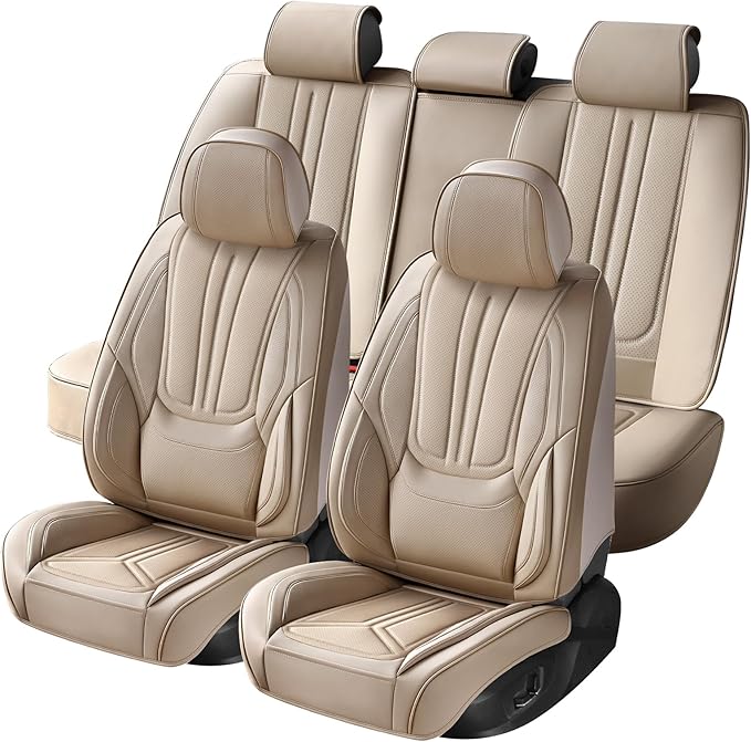 SCDOOCA Car Seat Covers Full Set Beige, Luxury Leather Car Seat Covers, Waterproof and Breathable Seat Covers, Universal Car Seat Protector Fit for Cars, Trucks, SUVs, Pick-ups (Full Set)