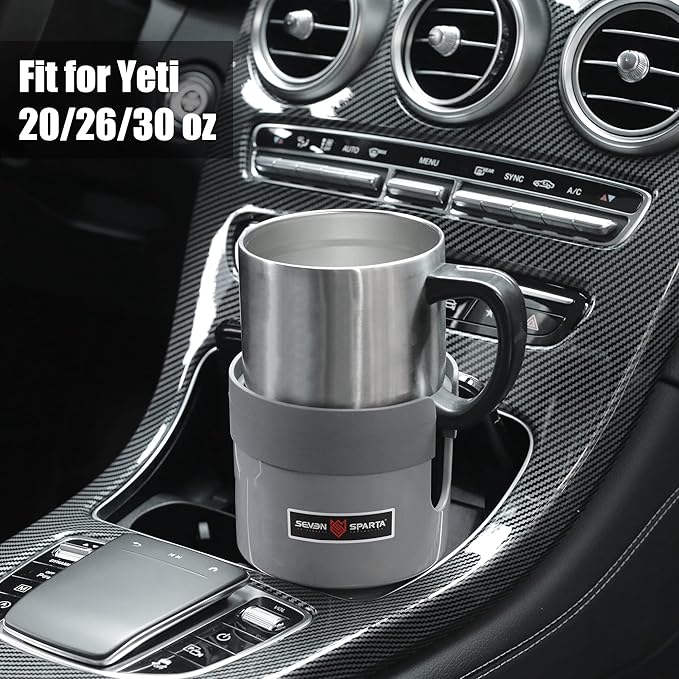 Seven Sparta Car Cup Holder Expander Organizer with Adjustable Base, Compatible with Hydro Flasks 32/40 Ounce, Compatible with Yeti Ramblers 20/26/30 Ounce, Other Bottles in 3.4"-3.8" (Gray)