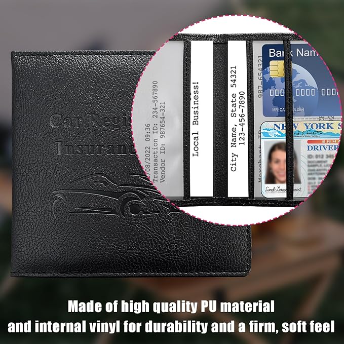 Car Registration and Insurance Holder, 5.51" × 5.11" Premium Leather Vehicle Glove Box Organizer with Magnetic Closure, Auto Document Holder for Cards Paperwork and Drive License (Black-A)