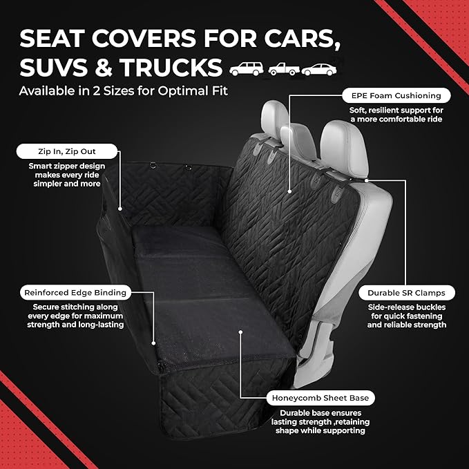 PetSuite Hard Bottom Dog Car Seat Cover for Back Seat – 300-lb Strength Pet Cover for Dogs with 40% Extra Space, Waterproof Nonslip Backseat Hammock for Trucks (Truck)