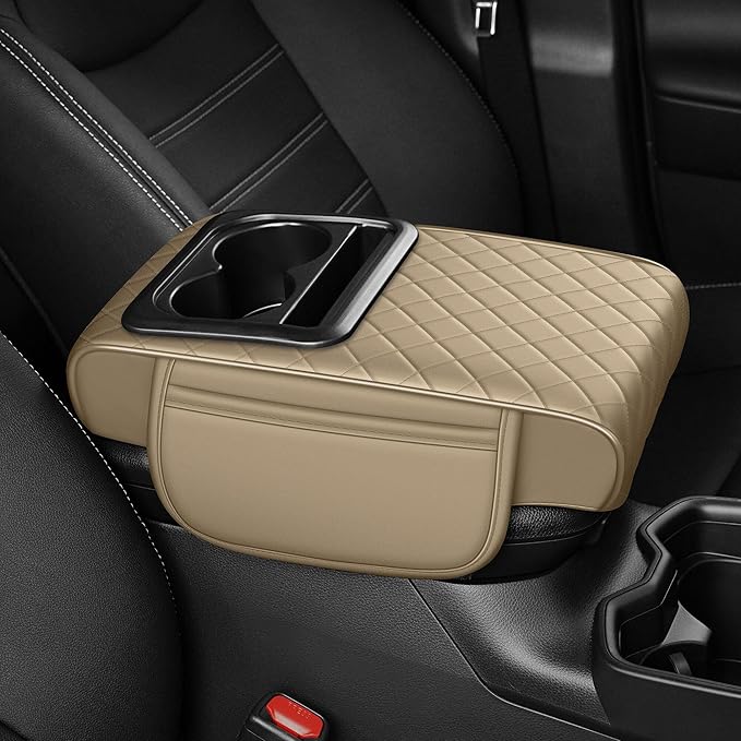 YORKNEIC Upgraded Car Center Console Cover with Cup Holder 2 Storage Bags - Faux Leather Arm Rest Cover Fit for Ford Edge,Middle Console Cover Multi-Functional Car armrest Cushion(Beige)