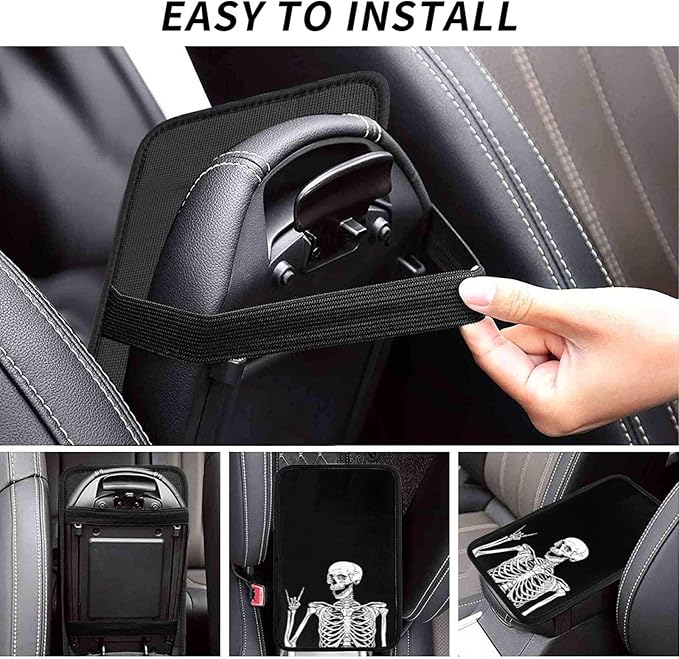 DORKEIXIA Black Funny Skull Human Skeleton Auto Center Console Armrest Pad Universal Car Center Console Cover Seat Box Cover for Sedan, Van, SUV, Truck Car Accessorie