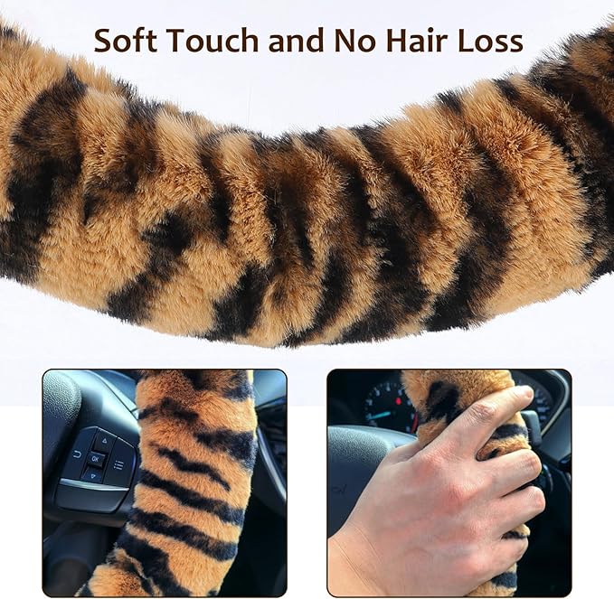 Accmor Fluffy Car Steering Wheel Cover, Universal Fuzzy Auto Wheel Cover & Handbrake Cover & Gear Shift Cover Set, Anti-Slip Tiger Stripe Warm Fur Vehicle Wheel Protector Car Accessories for Men Women