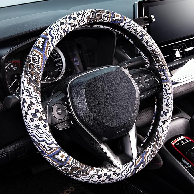 SEG Direct Steering Wheel Cover Handwoven Flax with Geometric Patterns, Anti-Slip & Breathable, Ethnic Style Steering Wheel Protector, Fits 14.5" - 15.25" Wheels