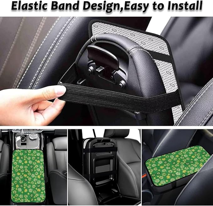 Bulopur St. Patrick's Clover Arm Rest Cover Car Flannel Center Console Cover Easy to Install Car Decor Accessories Auto Armrest Console Cover for Most Vehicle, SUV, Truck, Car