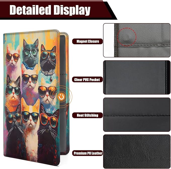 Car Document Holder with Magnetic Shut, Car Registration and Insurance Card Holder, Vehicle Glove Box Organizer Documents, Driver License, Auto Paperwork Organizer Wallet, Colorful Cat With Glasses