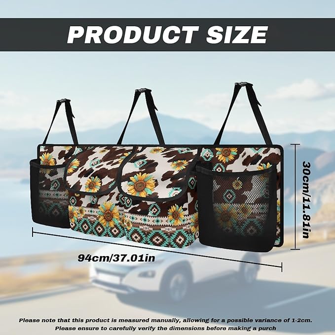 CLOHOMIN Aztec Trunk Organizer for Sedan SUV Van Brown Cow Print Car Organizer Sunflower Cargo Storage with 4 Pockets Foldable Car Trunk Storage Bag Auto Interior Accessories
