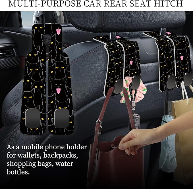 AXRQLSU PU Leather Car Seat Hook, Storage Headrest Hanger, Cute Car Backseat Organizer, Car Hooks for Purses and Bags Black Cats
