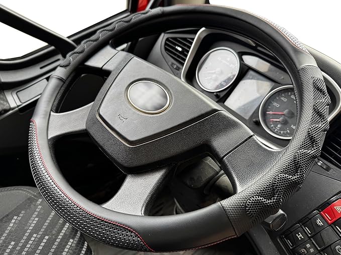 PINCTROT XL Size 17.5-18 Inch Great Grip Steering Wheel Cover for Semi Truck, Fits RV, Big Rig Trucker, 18 Wheeler and Classic Cars, Anti-Slip Design 17.5-18 Inch (Black/Red Stitch)