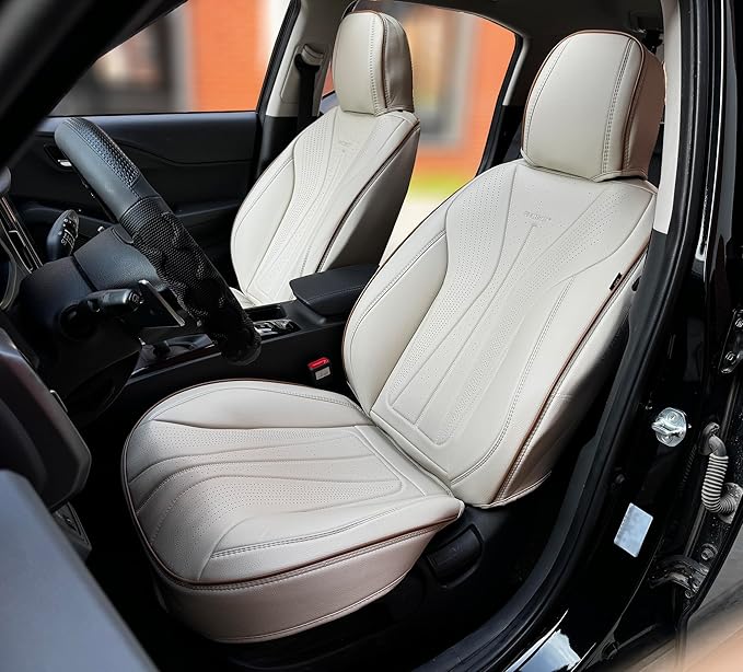 PINCTROT Car Seat Covers Front Set, Breathable Soft Pebbled Leather, Luxury Waterproof Seat Cushion, Airbag Compatible, Seat Protector Universal Fit Most Cars (Front Set, Beige Brown Piping)