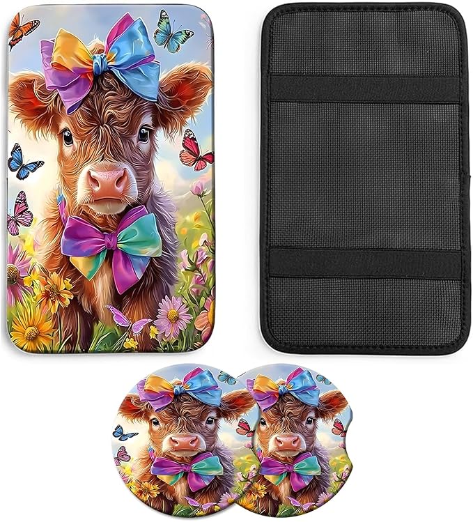 JANENFNA Car Armrest Cover Pads Universal Fashion Cute Auto Center Console Armrest Cover Pad with 2PCS Car Coasters Soft Waterproof Car Armrest Seat Protector for Women,Calf with Colorful Bows-A