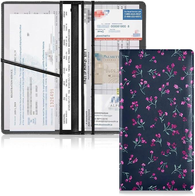 ALAZA Pink Purple Floral Car Registration and Insurance Card Holder Vehicle Glove Box Car Organizer Driver License Documents Holder Waller Case Organizers