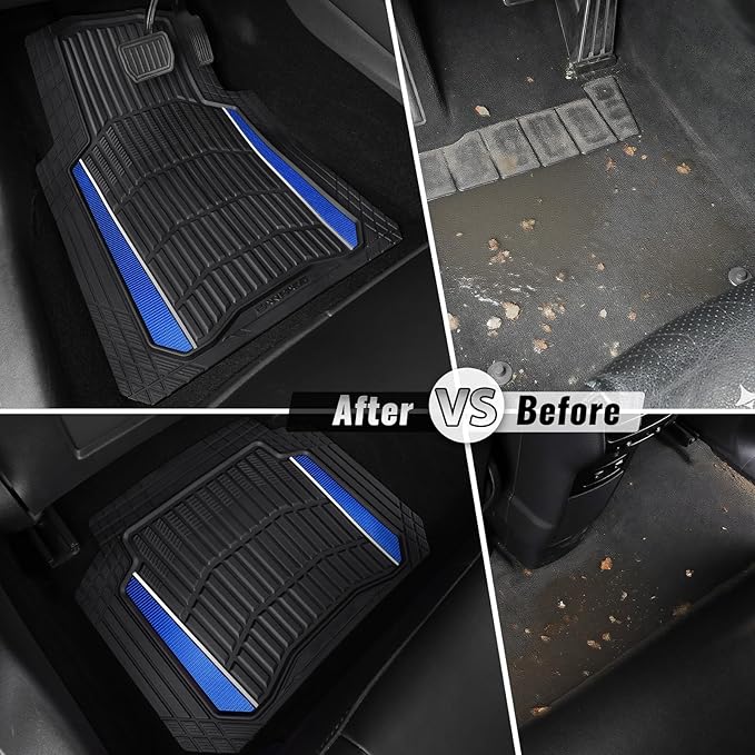 CAR PASS Heavy Duty Rubber Car Floor Mats, Deep Waterproof Car Floor Mats All Weather, Aluminum Film Floor Mats for Cars Non-Slip Universal Trim to Fit for SUVs Trucks Sedans Vans, Black Blue Metallic
