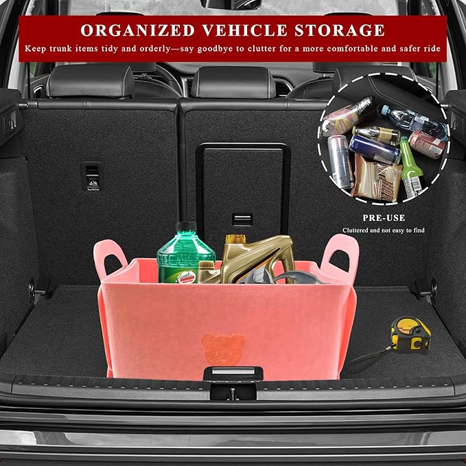 Car Trunk Organizer, Foldable Felt Basket Lightweight Storage Bin with Handles, Large Capacity Flexible Storage Bag Multipurpose Organizer for Vehicle Trunk & Backseat (Pink, 1 Bear)
