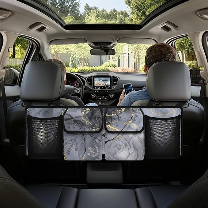 CLOHOMIN Gray Marble Print Trunk Organizer 4 Compartments Sturdy Trunk Organizer for SUV Rose Car Seatback Organizer Large Capacity Auto Trunk Mesh Storage for SUV Vehicle Sedan