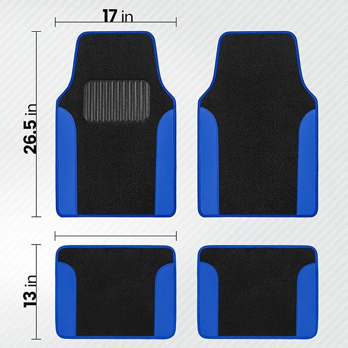 BDK Carpet Floor Mats for Cars, Two-Tone Carpet Car Mat with Faux Leather Accents, Automotive Floor Mat Sets with Built-in Heel Pad, Stylish Interior Car Accessories Blue