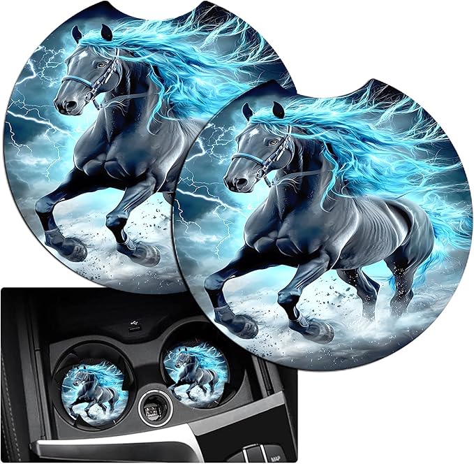 JANENFNA Car Armrest Cover Pads Universal Fashion Cute Auto Center Console Armrest Cover Pad with 2PCS Car Coasters Soft Waterproof Car Armrest Seat Protector for Women,Lightning Mane Horse