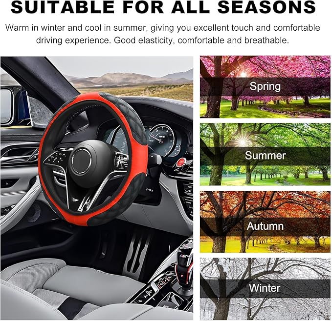 Car Steering Wheel Cover, 15 Inches Non-Slip Leather Car Steering Wheel Protector, Universal Steering Wheel Soft Cover Mats for Car Truck SUV, Interior Car Accessories (Black & Red)