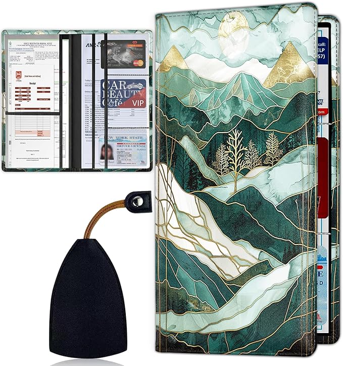 Car Registration Holder, Waterproof PU Leather Vehicle Card Document Glove Box Organizer, Women Interior Auto Accessories Case for Cards, Driver License Car Insurance Holder, Mountain Peak Pattern