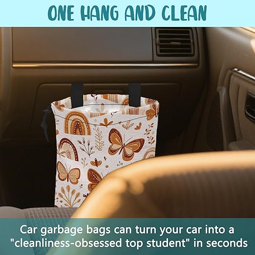 KXWQTRDD Car Garbage Bag Brown Butterflies and Leaves Drawstring Car Trash Bag Hanging for Back Seat with Adjustable Buckle Canvas Vehicle Trash Can Easy-to-Install