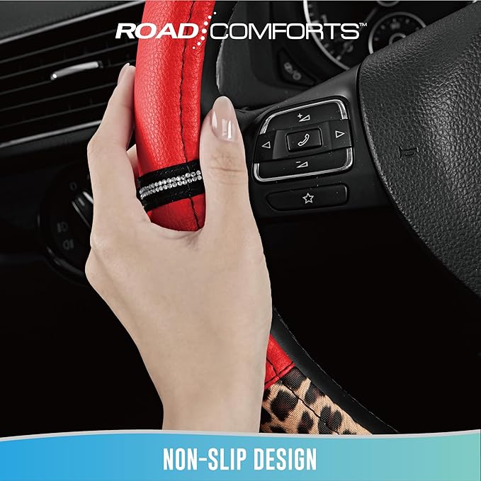 Road Comforts Leopard Steering Wheel Cover - Made with PVC Leather Cheetah Print - Anti-Slip, Universal Fit 14 1/2 inches to 15 inches - Red