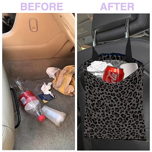UUCBTAH Car Trash Bag Hanging Black Gray Leopard Print Car Trash Can for Back Seat Waterproof Car Trash Bin with Adjustable Straps and Drawstring for Car Accessories Vehicle Travelling Camping