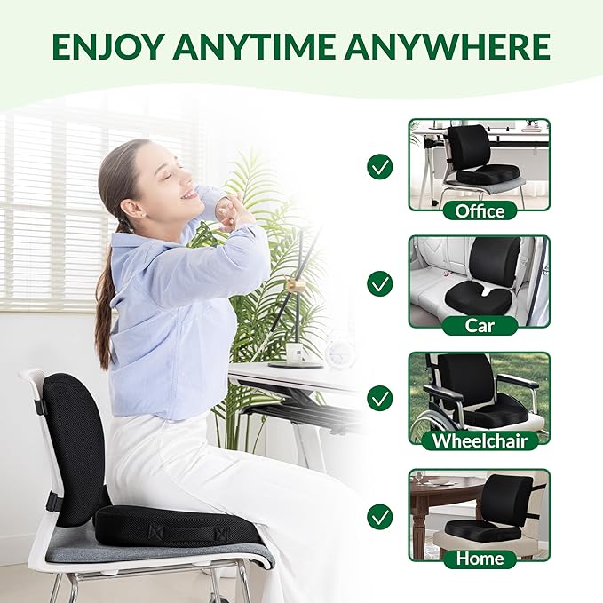 FuturaLoom Seat Cushion & Adjustable Lumbar Support Pillow Set,Charcoal Memory Foam for Sciatica,Back & Tailbone Pain Relief,Washable Cover & Non-Slip,Ergonomic for Office Chair,Car,Wheelchair -Black