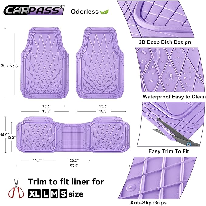 CAR PASS Heavy Duty Rubber Car Floor Mats, Deep Dish All Weather Car Mats Full Set, 3 Piece Waterproof Premium Anti-Slip Floor Mats Rugs Universal Trim to Fit for 95% Sedan SUV Van Truck, All Purple