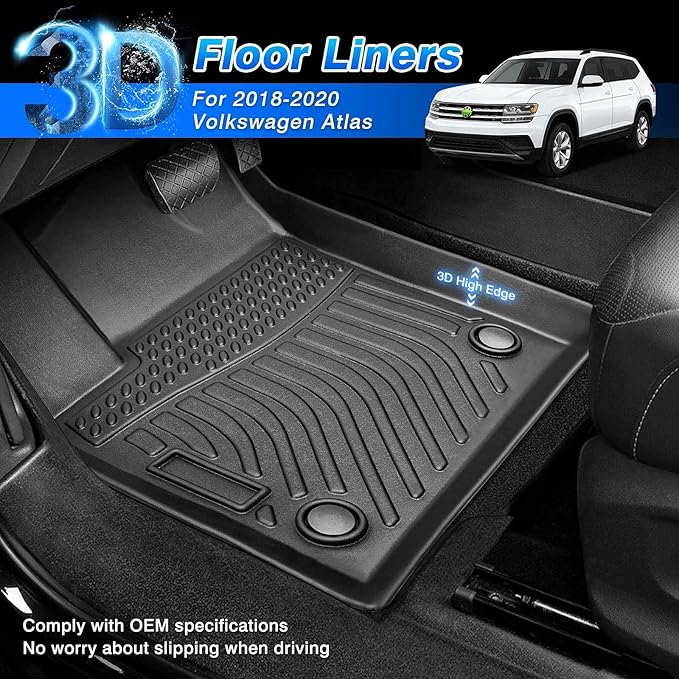 Floor Mats Fit for Volkswagen VW Atlas 2018-2024 2025 (6&7 Seater), All Weather Floor Mat for Atlas Accessories, Waterproof Heavy Duty (2 Rows)