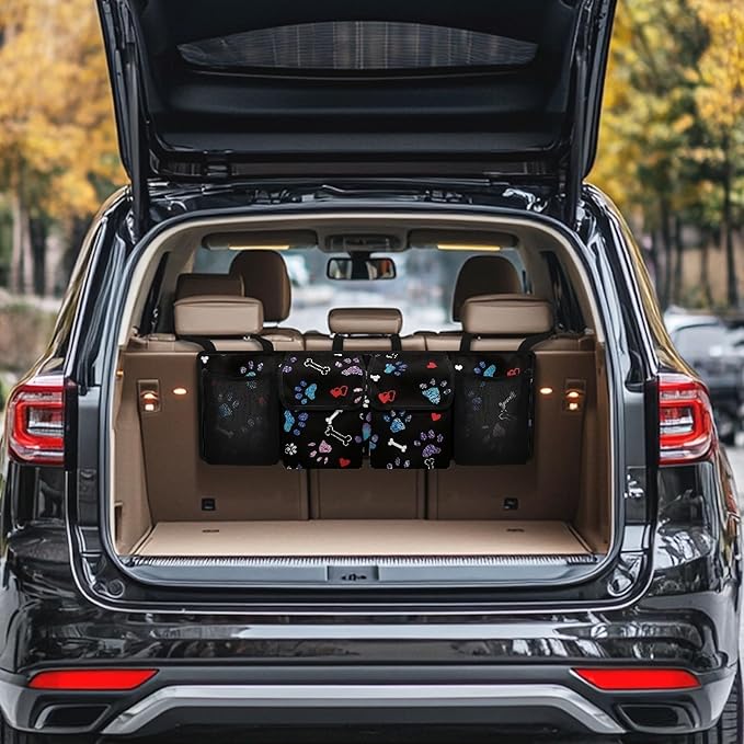 CLOHOMIN Dog Paw Car Organizer for SUV Sedan Truck Hanging Car Trunk Backseat Organizer Multi Trunk Organizer Decor Red Heart Cargo Storage Bag with 4 Pockets