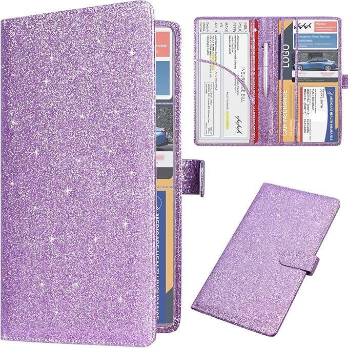DMLuna Car Registration and Insurance Holder, Leather Vehicle Card Document Glove Box Organizer, Auto Truck Compartment Accessories for Essential Information, Driver License Cards, Glitter Purple