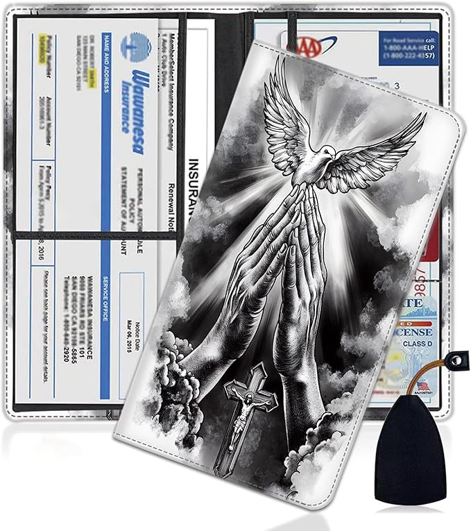 Car Document Holder with Magnetic Shut, Car Registration and Insurance Card Holder, Vehicle Glove Box Organizer Documents, Driver License, Auto Paperwork Organizer Wallet, Praying Hands Pattern