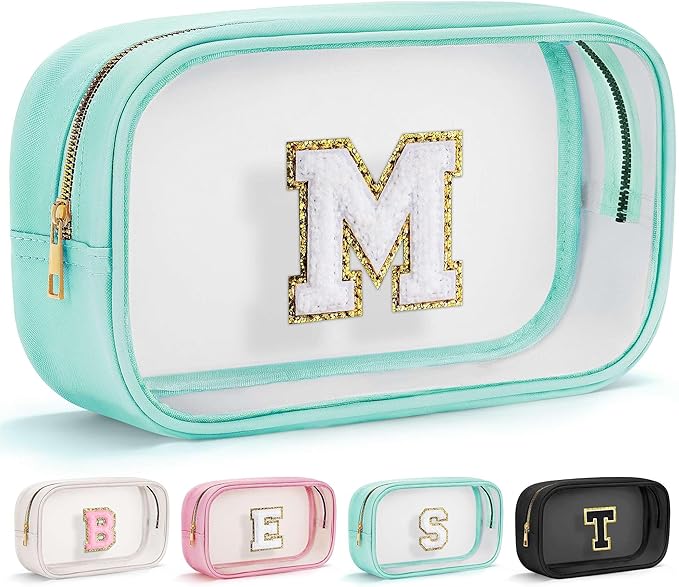 YOOLIFE Initial Make Up Bag Travel Toiletry Bag, Clear Makeup Bags Preppy Cosmetic Bags Organizer Travel Essentials Gifts for Women Teen Girlfriend Teacher Mom Valentines Girl Gift Makeup Case Blue M
