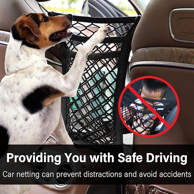Kewucn 3 Layers Car Mesh Organizer, Four-Side Elasticity Auto Seat Back Net Bag Between Front Seats, Car Net Barrier of Backseat Pet Kids, Tissue Purse Holder, Storage Netting Pouch