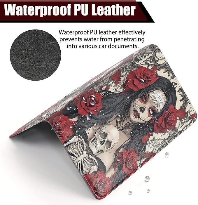 Car Registration Holder, PU Leather Vehicle Glove Box Organizer for Driver License, Document, Car Insurance Holder with Magnetic Shut, Auto Paperwork Wallet Accessories, Halloween Sugar Skull Girl