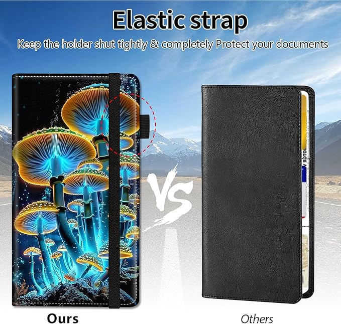 Qindaiwen Car Registration and Insurance Holder, Vehicle Card Document Elastic Band Closure Glove Box Organizer, Driver License Cards, Car Accessories for Essential Info, Shine Mushroom