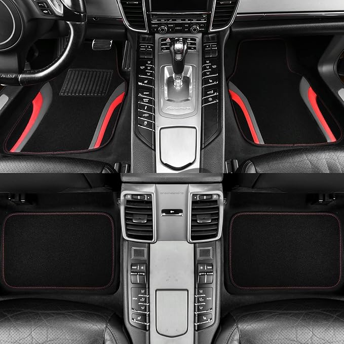 CAR PASS Leather Sporty Car Floor Mats Carpet, Universal Waterproof Automotive Floor Mat Fit for Sedans, Cars, Mid Trucks, Vans, SUV, Set of 4 (Black and Red)