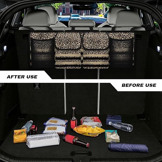 SEANATIVE Brown Leopard Stripes Car Trunk Organizer and Storage, Hanging Organizer for SUV, MPV, Waterproof, Cargo Storage Bag with 4 Pockets, Car Interior Accessories for Men &Women