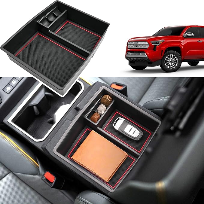 Coleya 2024 2025 2026 Tacoma Center Console Organizer for Toyota Tacoma (All Trims), Durable ABS Plastic&Anti-slip Rubber Console Tray Glove Insert 2026 2025 Tacoma Accessories (with Red Mats)