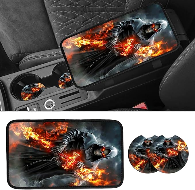 JANENFNA Car Armrest Cover Pads Universal Fashion Cute Auto Center Console Armrest Cover Pad with 2PCS Car Coasters Soft Waterproof Car Armrest Seat Protector for Women,Grim Reaper Flame Cross