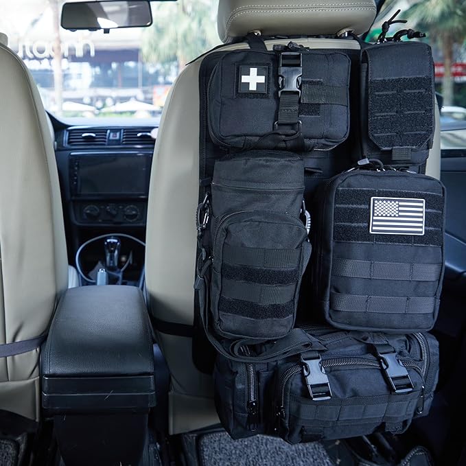 Universal Tactical Car Seat Back Organizer Bag Tactical Molle Vehicle Organizers Panel Gear Accessories with 5 Different Size Molle Pouches for Car Truck Ford Jeep Vehicle (C style-Black)