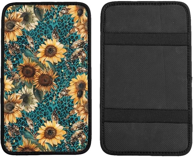 Sunflower Leopard Print Center Console Armrest Cover Flower Floral Arm Rest Seat Box Covers Protector Blue Vintage Car Decor Accessories Padding for Most Cars Sedans Vans Truck SUVs