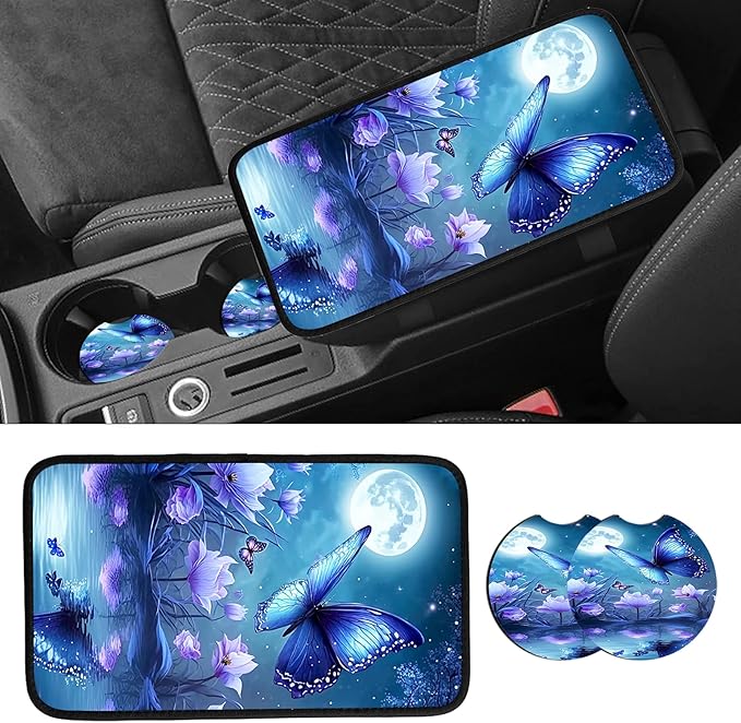 JANENFNA Car Armrest Cover Pads Universal Fashion Cute Auto Center Console Armrest Cover Pad with 2PCS Car Coasters Soft Waterproof Car Armrest Seat Protector for Women,Blue Butterfly