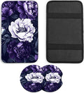 JANENFNA Car Armrest Cover Pads Universal Fashion Cute Auto Center Console Armrest Cover Pad with 2PCS Car Coasters Soft Waterproof Car Armrest Seat Protector for Women,Purple Peonies
