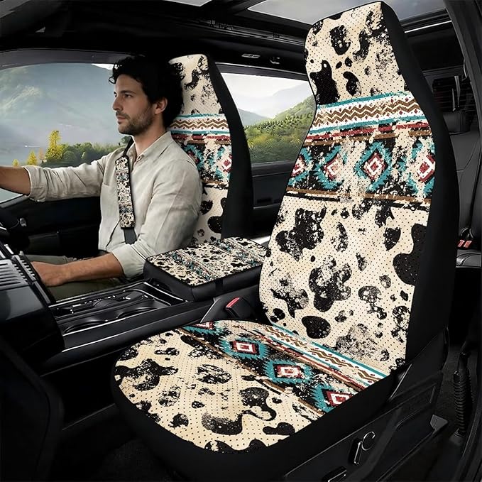 Qeluxign Car Seat Covers Cow Print Tribal Full Set Universal Fit Auto Front Seat Covers and Seatbelt Pads Armrest Cushion Gifts for Women Protect Your Car Interior
