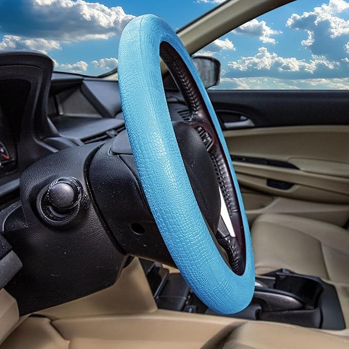 FH Group Universal Fit Silicone Snake Pattern with Massaging Grip Steering Wheel Cover fits most Cars, SUVs, Trucks, and Vans Light Blue