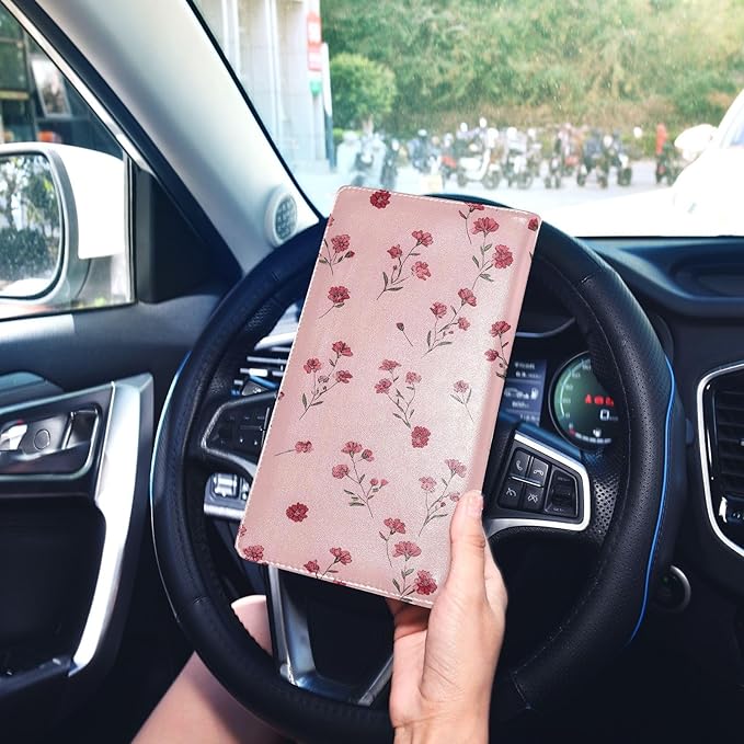 ALAZA Pink Flowers Floral Car Registration and Insurance Card Holder Vehicle Glove Box Car Organizer Driver License Documents Holder Waller Case Organizers