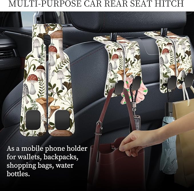 AXRQLSU PU Leather Car Seat Hook, Storage Headrest Hanger, Cute Car Backseat Organizer, Car Hooks for Purses and Bags Mushroom Forest Pattern